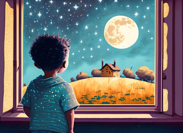 Foto niño mirando a la luna por las ventanas