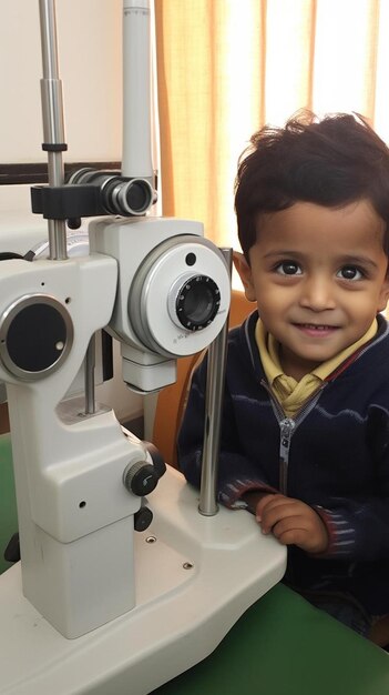 Foto un niño está mirando un microscopio con una lente grande