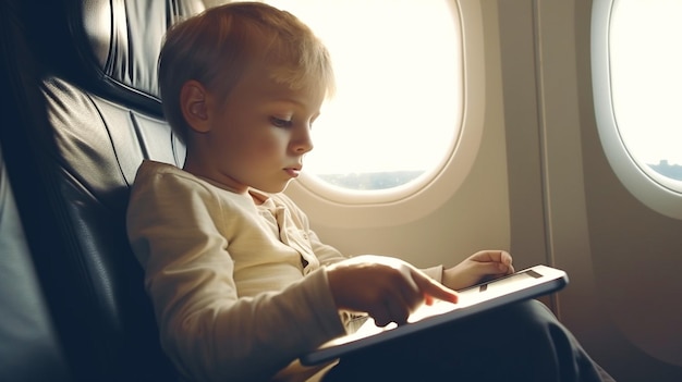 Un niño mirando un panel táctil mientras vuela IA generativa