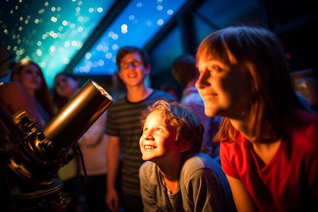 Un niño mirando un telescopio con una niña mirando a la cámara.