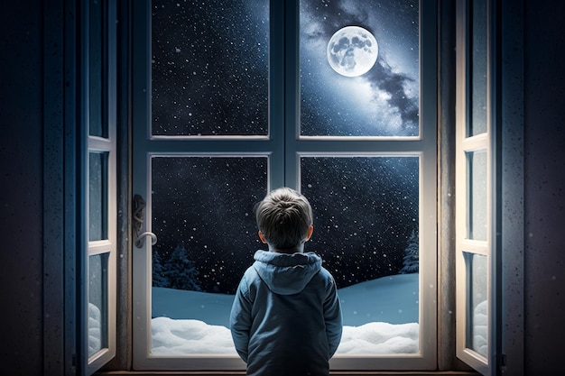 Niño mirando por la ventana la noche nevada con luna llena IA generativa