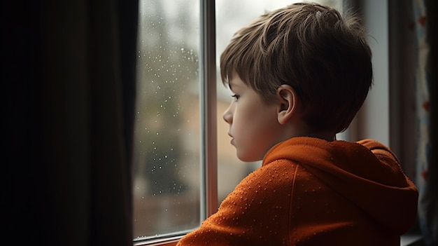 Niño mirando por la ventana vista trasera