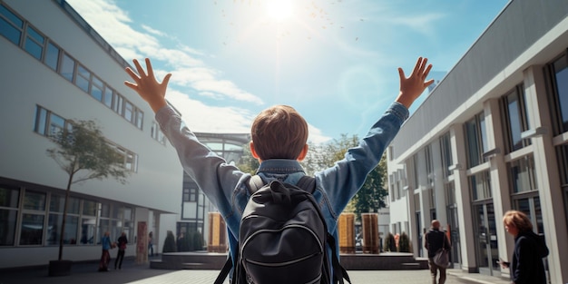 Un niño con una mochila se acerca a la escuela visto desde atrás Listo para nuevos conocimientos y aventuras IA IA generativa