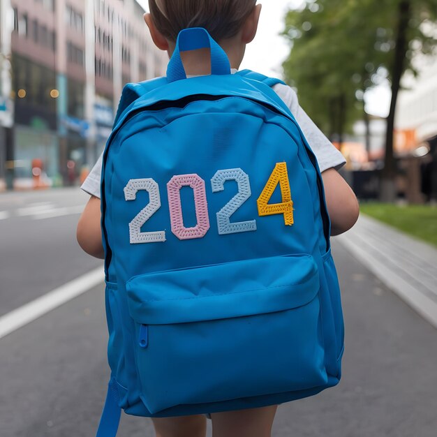 un niño con una mochila azul que dice 20 en él