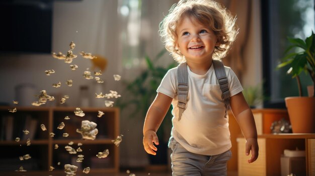 un niño con una mochila y una caja de monedas de oro.