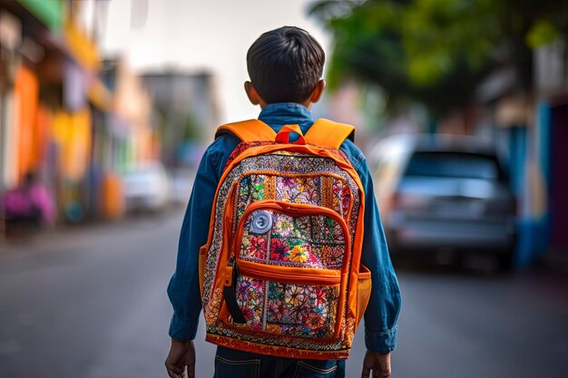 Un niño con una mochila en la calle.