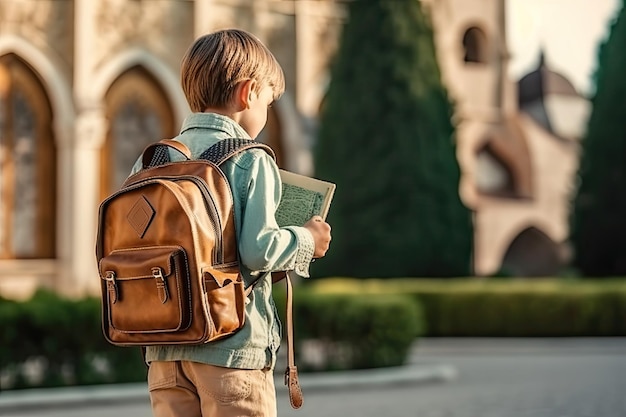 Un niño con una mochila camina por una calle de la ciudad.