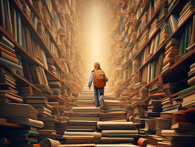 Un niño con una mochila camina a través de un bosque de libros hacia el supremo Palacio del Conocimiento