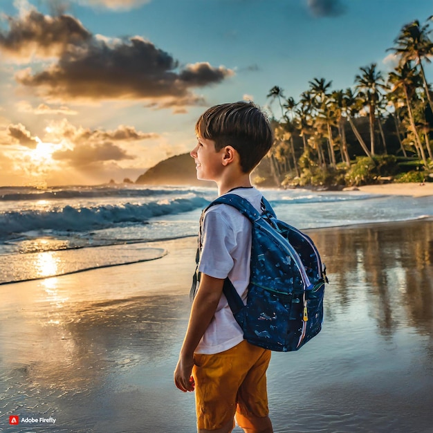 un niño con una mochila en la espalda está en la playa