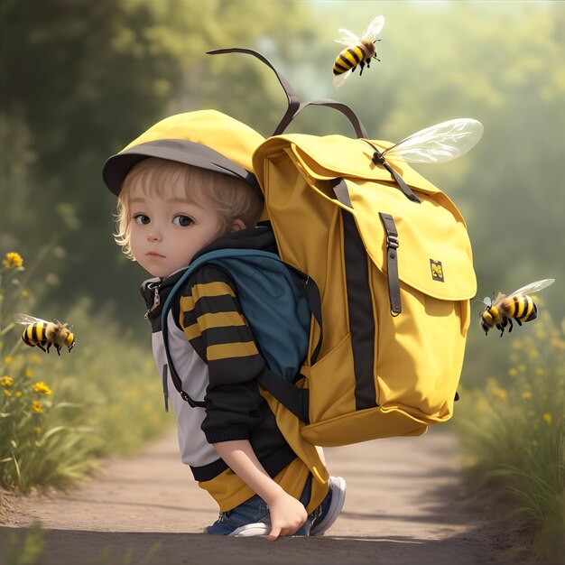 Foto niño con una mochila grande y una ilustración 3d de abeja