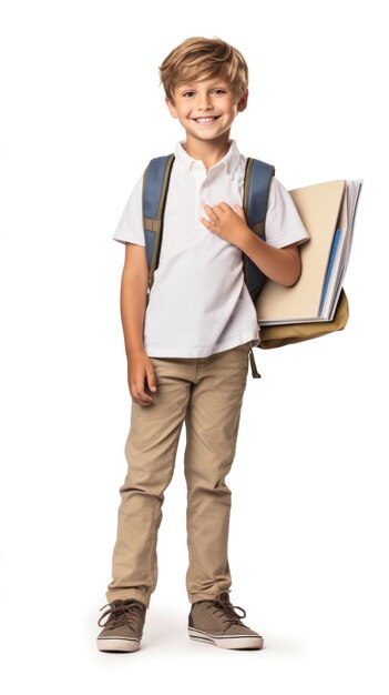 Foto un niño con una mochila y un libro a la espalda.