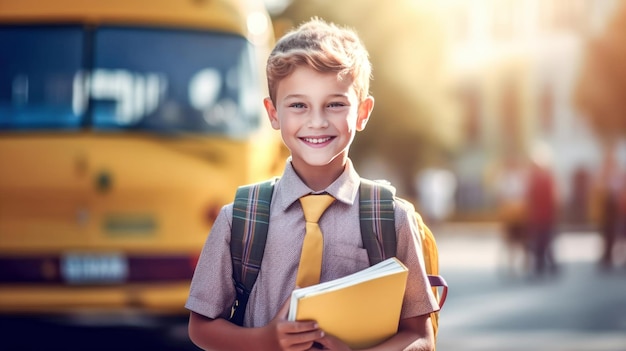 Niño con mochila y libros mirando a la cámara autobús escolar amarillo en el fondo Regreso a la escuela