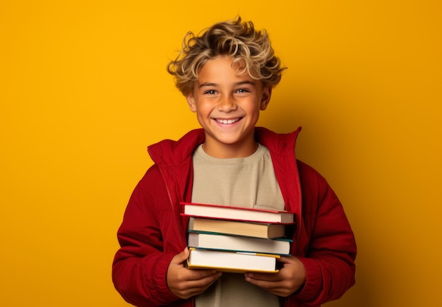 Niño con mochila y libros sobre fondo amarillo