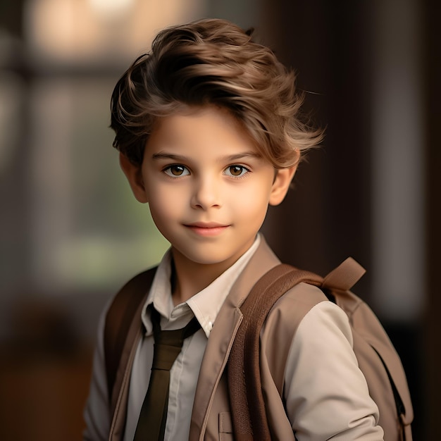 un niño con una mochila marrón y un chaleco marrón con una corbata.