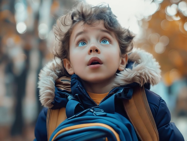 Un niño con una mochila mirando hacia arriba