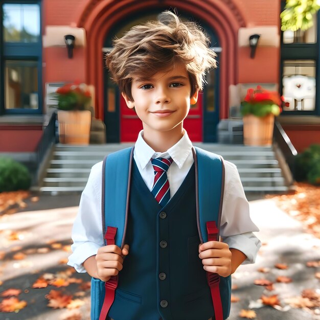 Foto un niño con una mochila que dice escuela