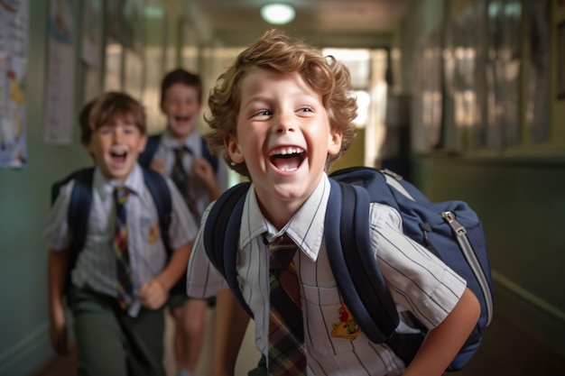 Un niño con una mochila que dice "feliz" en ella.