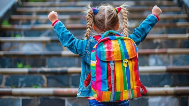 Niño con una mochila de superhéroe posando heroicamente en las escaleras de la escuela