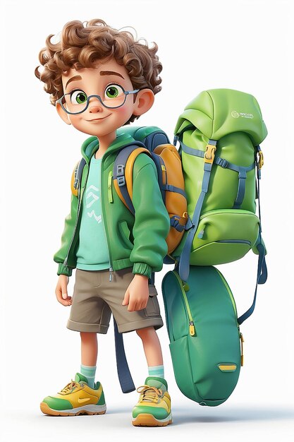 Niño con mochila verde en personaje de dibujos animados blanco