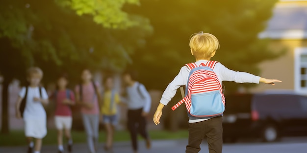 Niño con mochila yendo a la escuela Concepto de regreso a la escuela generado por una IA