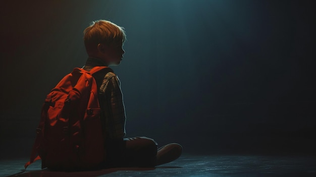 Niño molesto con mochila sentado en una habitación oscura Espacio para el texto