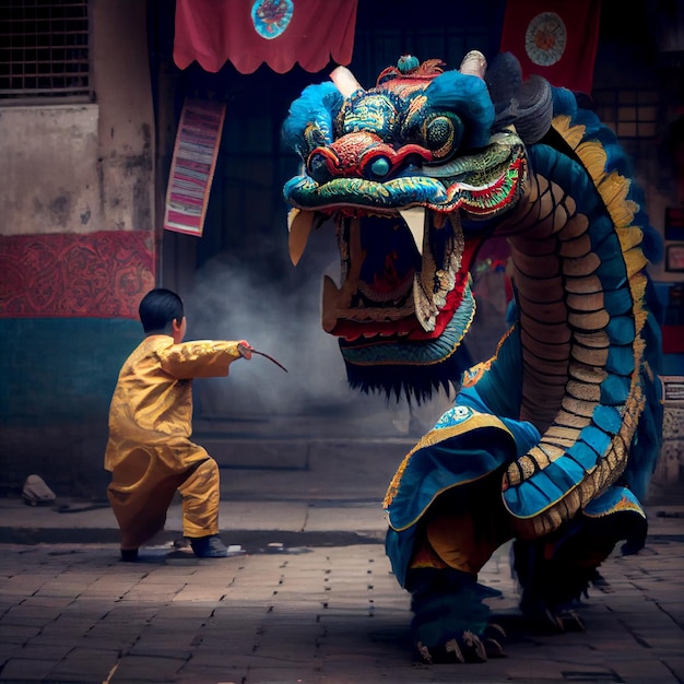 Un niño con mono amarillo está jugando con un dragón.