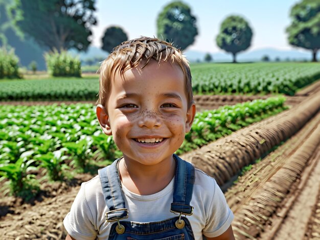 Foto un niño con un mono sonríe frente a un campo de cultivos