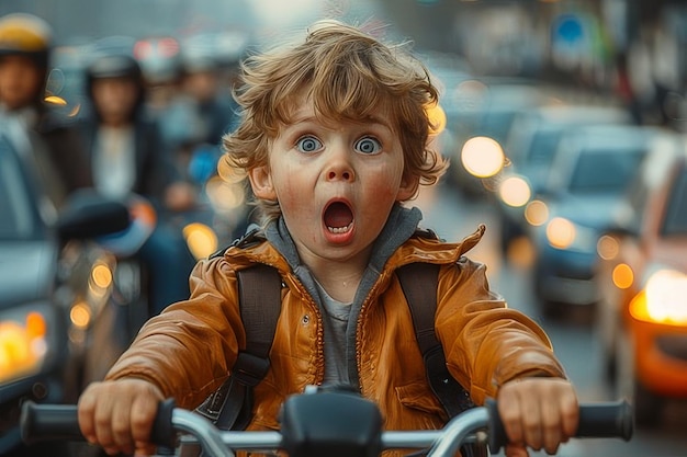 Niño montando en bicicleta con expresión de sorpresa