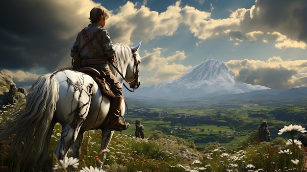 Foto un niño montando un caballo y un cielo nublado en su cabeza