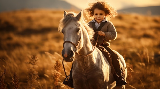 El niño montando a caballo por la mañana.