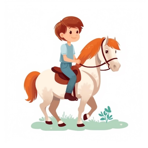 Foto un niño montando un caballo con una melena marrón y jeans azules.