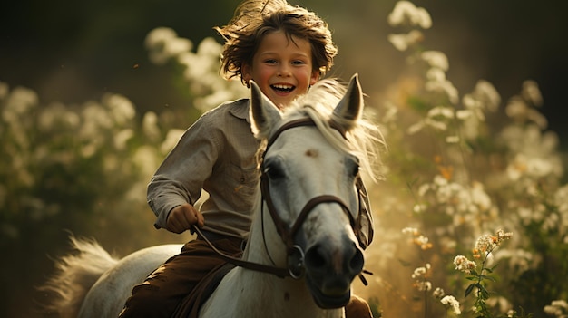 Un niño montando caballo en pasto con satural visto en el fondo