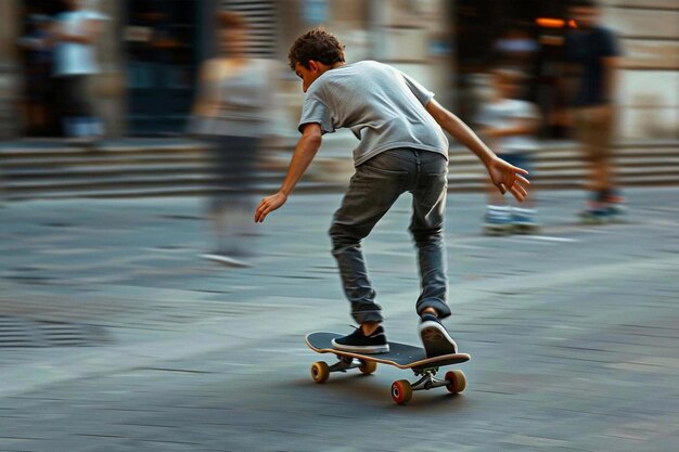 Foto un niño está montando una patineta con los brazos extendidos