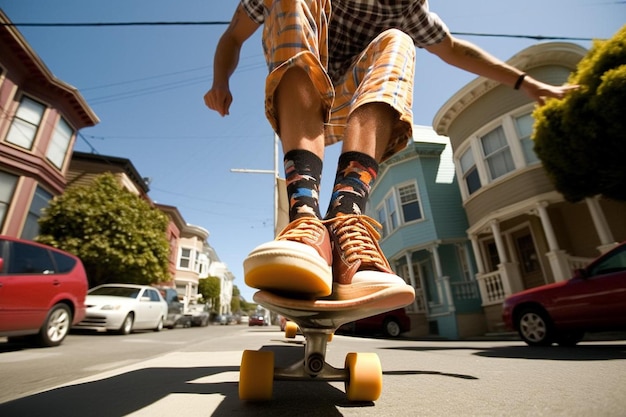 un niño montando una patineta en una calle con una casa en el fondo