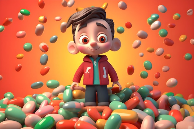 Un niño en un montón de dulces.