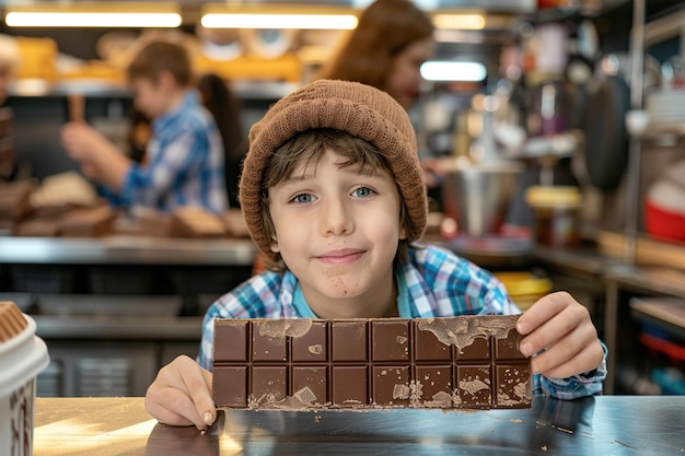 niño mostrando una gran barra de chocolate