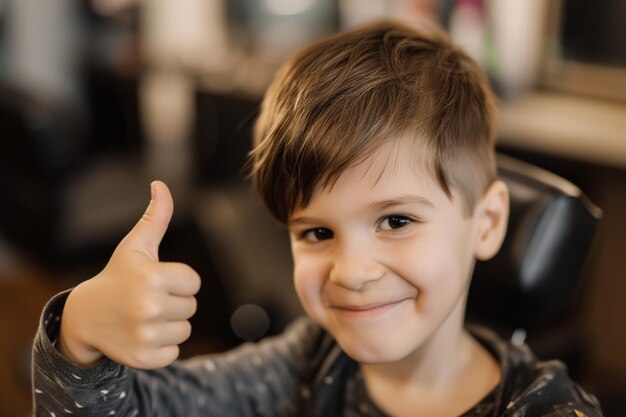 Niño mostrando un pulgar hacia arriba a su nuevo cabello corto