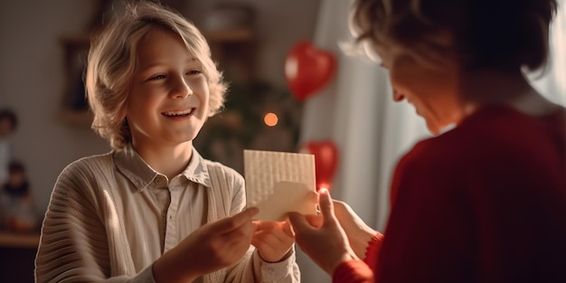 Un niño y una mujer sostienen una carta que dice "feliz día de San Valentín"