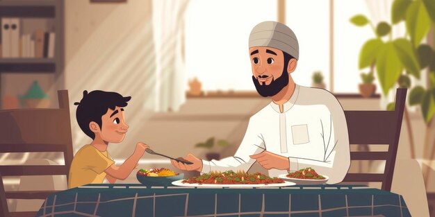 Un niño musulmán comparte una comida de Iftar con su padre creando una escena conmovedora contra un fondo de Ramadan Kareem