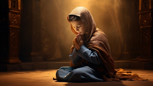 Un niño musulmán orando en una alfombra en casa