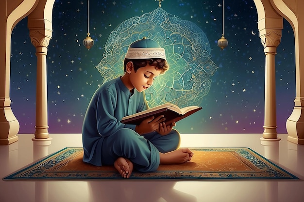 Niño musulmán de Ramadán leyendo una ilustración del Corán