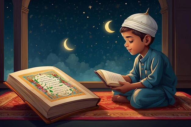 Niño musulmán de Ramadán leyendo una ilustración del Corán