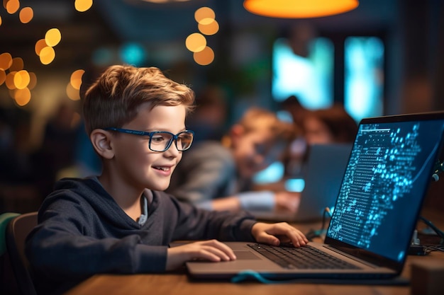 niño muy feliz confiado en la codificación de desarrollador de software