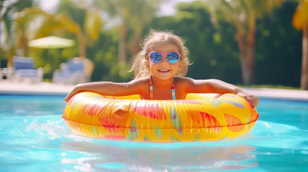 Un niño muy sonriente con un tubo amarillo flota en la piscina ai imagen