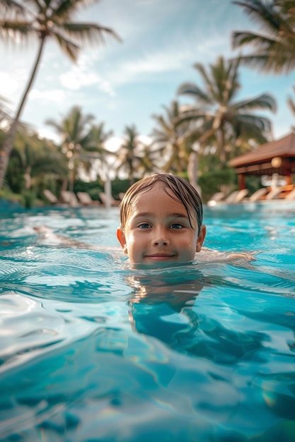 un niño nada en una piscina en una isla tropical