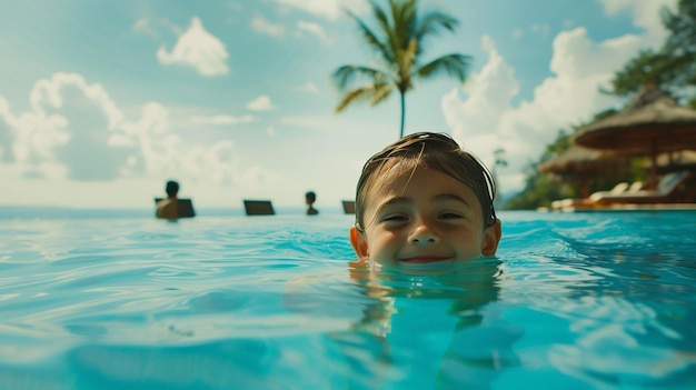 un niño nada en una piscina en una isla tropical