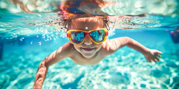 Niño nadando bajo el agua con gafas gogglesxA