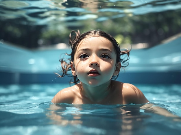 Niño nadando bajo el agua en la piscina agua de mar azul niño niño nadando en el mar