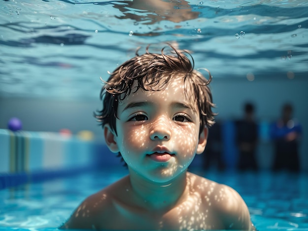 Niño nadando bajo el agua en la piscina agua de mar azul niño niño nadando en el mar