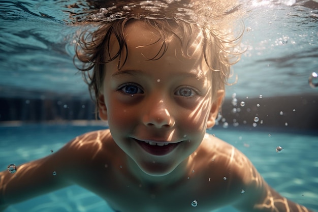 Niño nadando bajo el agua retrato de cerca feliz sonriendo divirtiéndose